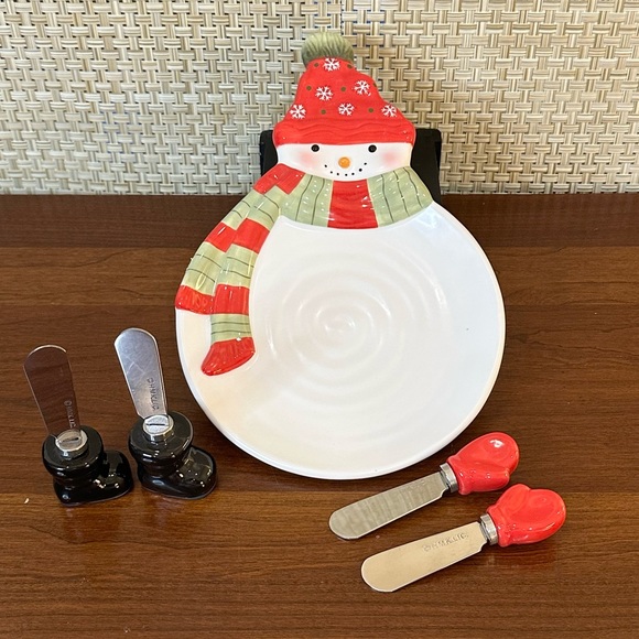 🎄🌟HP🌟VTG Hallmark Ceramic Snowman Appetizer Cheese Plate Boot/Mitten - Picture 1 of 6